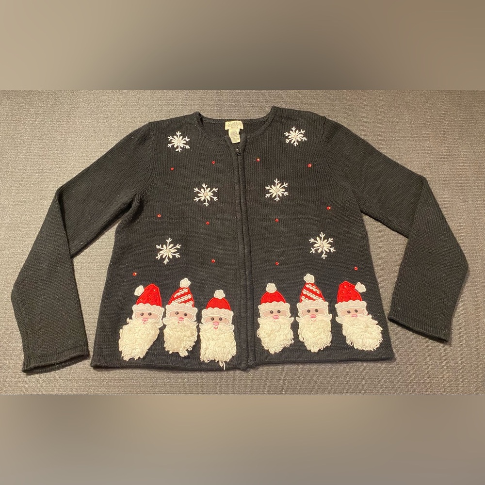 Classic elements vintage vtg beaded snowflake black Santa ugly Christmas sweater
